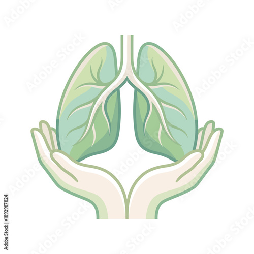 Human hands holding green leaf shaped lungs. Concept of healthy living, environmental protection, breath, and respiratory health awareness.