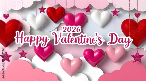 Happy Valentine's Day 2026 With Hearts, Clouds, And Sparkly Decorations For Romance And Celebration