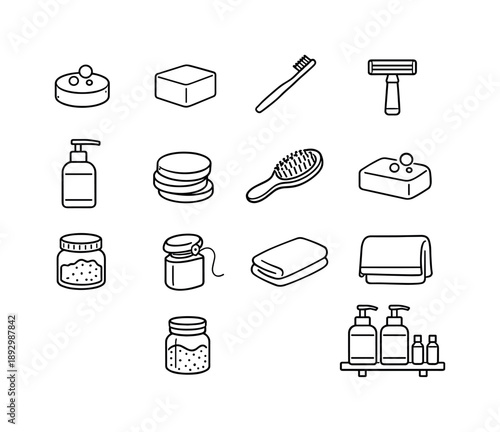 Low-Waste Icons. Low-Waste Bathroom. Line icon set of Low-Waste Bathroom: shampoo bar, conditioner bar, bamboo toothbrush, metal razor, refill bottle, cotton