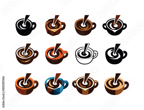 Coffee Pouring Logos. Pouring coffee into a mug. Icon set. Set Logo of pouring coffee into a mug: top view of mug filling with swirl. harmonious logo