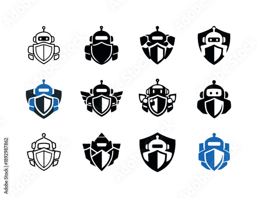 AI Security Logos. AI security patrols. Icon set. Set Logo of AI security patrols: autonomous robot sentinel. harmonious logo variations of the same emblematic