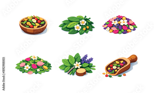 Herbal Infusion Icons. Herbal Infusion. Isometric flat vector icons set of Herbal Infusion: dried herbal blend, calming tea leaves, floral tea mix, leaf and