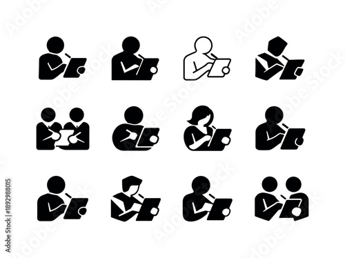 Tablet User Icons. People using tablets. Icon set. Set Logo of people using tablets: tablet user with stylus. harmonious logo variations of the same emblematic