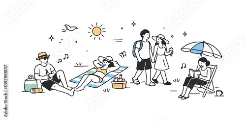 Relaxed Summer Vibes. Vacation time outdoors. A calm editorial scene showing people enjoying summer weather, relaxing and moving slowly. The illustration