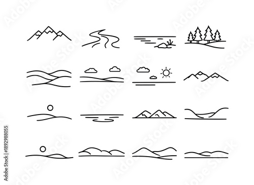 Tranquil Landscapes Icons. Tranquil outdoor landscape. Line icon set of Tranquil outdoor landscape: mountain range, flowing river, quiet lake shore, forest