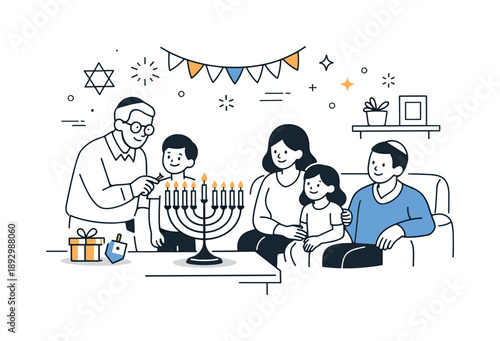 Cozy Menorah Lighting. People lighting menorah at home. Family gathered in a living room with simple decorations, cozy setting and warm holiday glow.