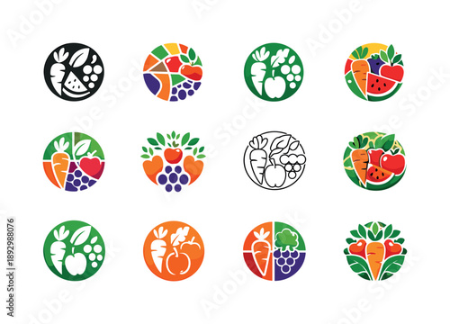 Seasonal Harvest Icons. Seasonal fruits and vegetables. Icon set. Set Logo of Seasonal fruits and vegetables: stylized fruit and veggie wheel. harmonious logo