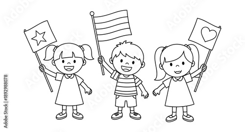Diverse children holding flags with symbols of star, stripes, and heart in a parade