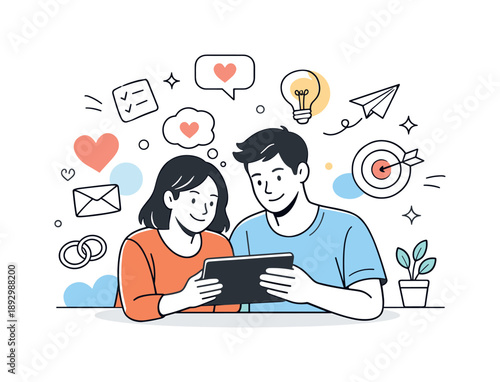 Modern Love Reflections. Romantic relationship advice for millennials. A modern couple reviewing relationship notes on a tablet, reflecting on shared goals and
