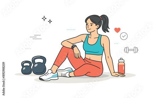 Strength Training Focus. A woman doing strength training with kettlebells ? fitness progress. Woman resting briefly between sets, kettlebells nearby, confident