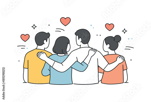 Unity and Support. Togetherness and solidarity. People forming a supportive group, gentle gestures like pats on shoulders or linked arms, calm composition and