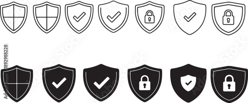 Black and white shield with checkmarks and locks also transparent background