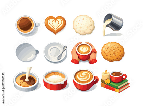 Latte Art Icons. Latte details. Colorful flat vector icons set of latte details: top view coffee cup, artful foam heart, frothy surface, milk pitcher stream,