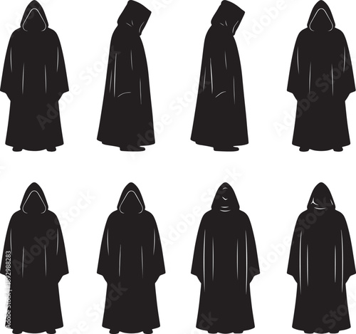 Black hooded figures in various poses on white background also transparent background hooded robes silhouettes