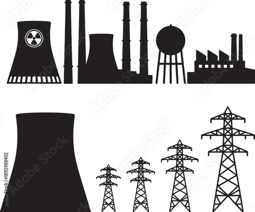 Black silhouettes of industrial buildings and power lines on white background also transparent background