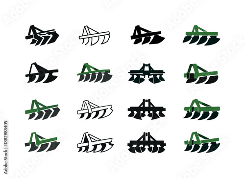 Farming Machinery Icons. Farming machinery. Icon set. Set Logo of Farming machinery: plow attachment. harmonious logo variations of the same emblematic