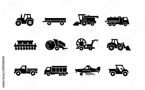 Farm Vehicle Icons. Farm vehicle icons. Solid icon set of farm vehicle icons: tractor, trailer, combine, sprayer truck, seeder machine, baler unit, irrigation