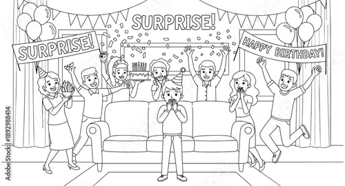 Surprise birthday party with family and friends celebrating with cake and balloons