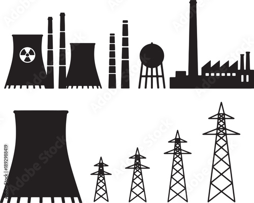 Black silhouettes of industrial buildings and power transmission towers also transparent background
