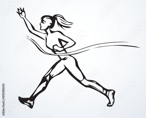 Vector drawing. An athlete runs to the finish line.