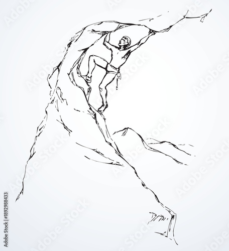 Vector illustration of a rock climber climbing a mountain.
