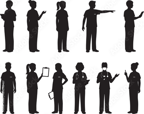 Black silhouettes of medical professionals in various poses also transparent background doctors