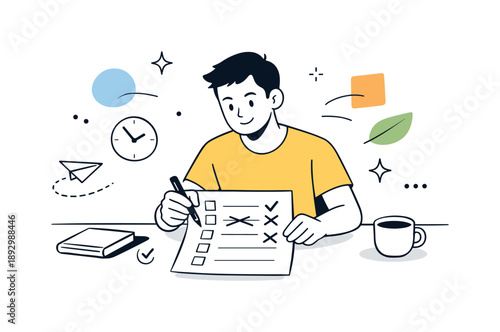 Effortless Time Management. Managing time with clear priorities. A focused character reviewing a simplified schedule, confidently crossing out extra meetings.