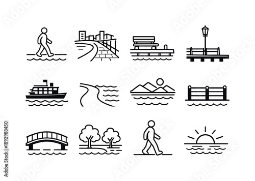 Waterfront Icon Set. Strolling Along a Waterfront. Line icon set of Strolling Along a Waterfront: person walking by river, waterfront promenade, dockside