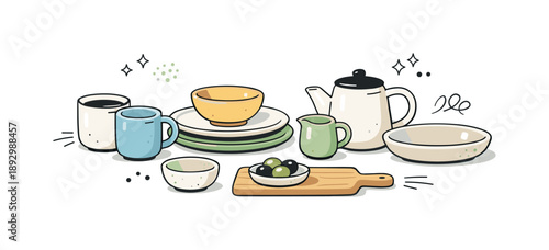 Minimalist Stoneware Collection. Simple stoneware set. A small collection of ceramic mugs, dishes, and serving pieces with subtle imperfections, arranged in a