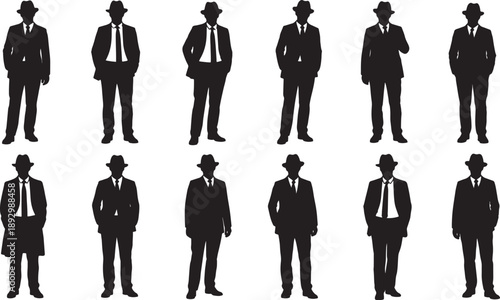 Black silhouettes of men in suits and hats on white background also transparent background 1