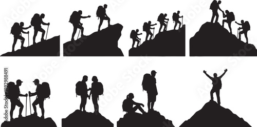 Black silhouettes of people climbing and standing on mountains with hiking gear also transparent background