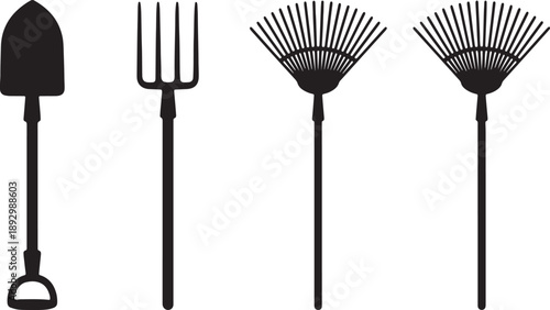 Four gardening tools on white background also transparent background shovel pitchfork leaf rake fan rake
