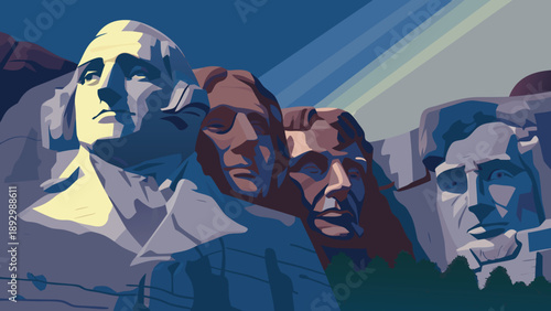 Stylized illustration of Mount Rushmore National Memorial featuring U.S. presidents in South Dakota, United States