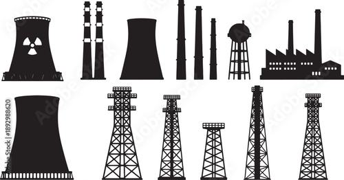 Industrial structures and towers silhouettes on white background also transparent background cooling towers
