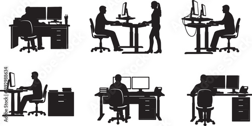 Office workers sitting standing at desks with computers monitors also transparent background