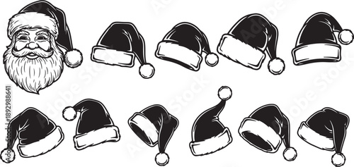 Santa Claus face and multiple Santa hats in black and white also transparent background Christmas