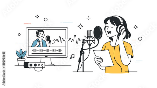 Home Vocal Practice. Digital singing practice. A focused singer recording vocals at home while following an online lesson interface. Calm productive mood with