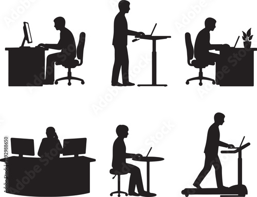 Silhouettes of people working at desks and on treadmill with computers and laptops also transparent background