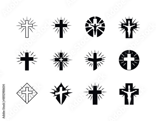 Crucifixion Icon Variations. Crucifixion. Icon set. Set Logo of Crucifixion: cross silhouette with radiant light. harmonious logo variations of the same