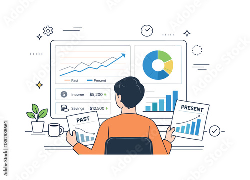 Financial Progress Dashboard. Financial progress tracking. Person comparing past and present data on a simple dashboard, structured monitoring and clarity.