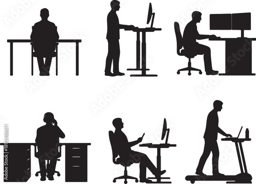 Silhouettes of people working at desks and using computers in various positions also transparent background
