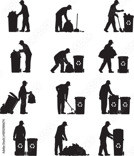 Silhouettes of sanitation workers collecting trash and recycling also transparent background trash collection