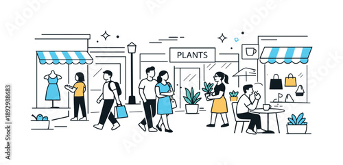 Modern Shopping Street. Modern shopping street. Stylish shops with large windows line a car-free street, while people browse casually. The illustration conveys