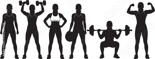 Six black silhouettes of women exercising with dumbbells and a medicine ball also transparent background