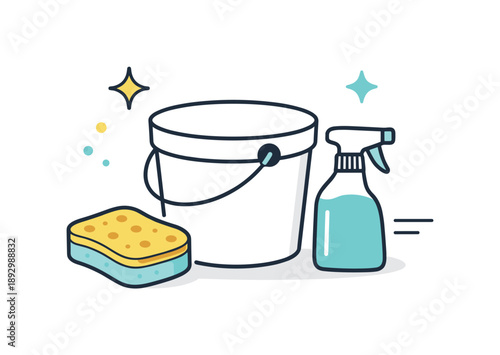 Spring Cleaning Icon. Spring cleaning supplies icon. Simple bucket with sponge and spray bottle, conveying organization and readiness for cleaning. Calm,