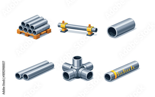 Colorful Construction Pipes Icons. Construction Pipes. Isometric flat vector icons set of Construction Pipes: stacked metal pipes, scaffold pipe, hollow round