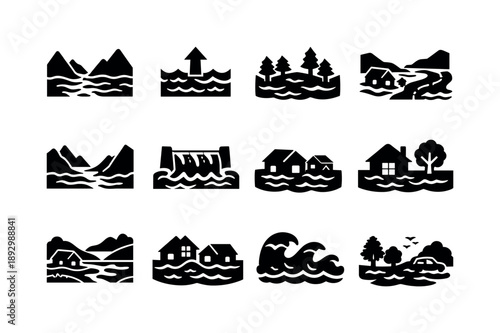Flooded Valley Icons. Flooded valley. Solid icon set of flooded valley: valley landscape, rising water, submerged trees, flooded river, mountain valley, water