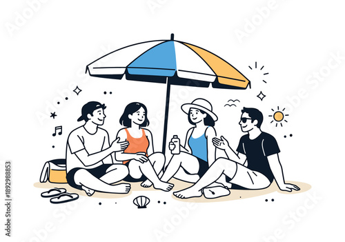 ?????? ????? ? ????. Summer ????? ? ????. Friends sitting under a beach umbrella, talking and enjoying the sun. Friendly interaction, warmth, and simple