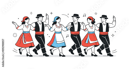 Cultural Dance Unity. Holiday cultural dance performance group. Group of dancers moving in sync, gentle arm gestures and rhythmic steps. Unity, coordination,