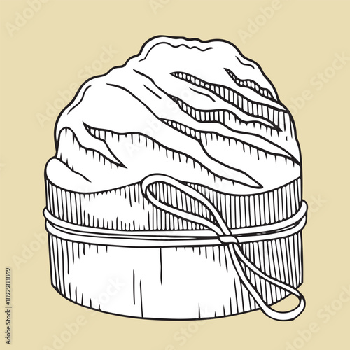 Hand-drawn illustration of Easter cake with a bow in graphic detailed sketch style on beige background